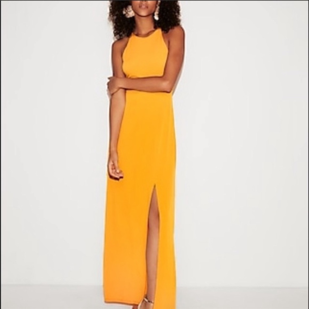 Express~Tangerine Orange Maxi Dress~High Neck~Ties in Back, Side Slit~Size XS